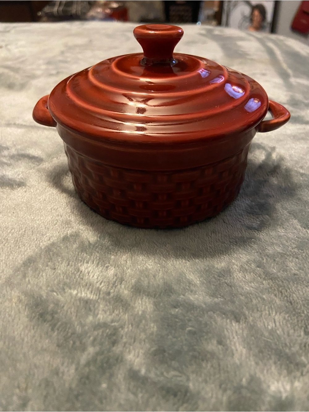 Pier 1 Red Ceramic Lidded Casserole with Woven Texture